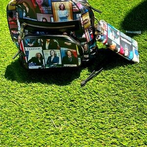 Backpack with multi-picture of Kamala Harris. Includes wallet  & wishlist strap